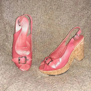 LA CANADIENNE-Red Leather-Silver Buckle-Cork Platform Slingbacks-Sz 39-Excellent